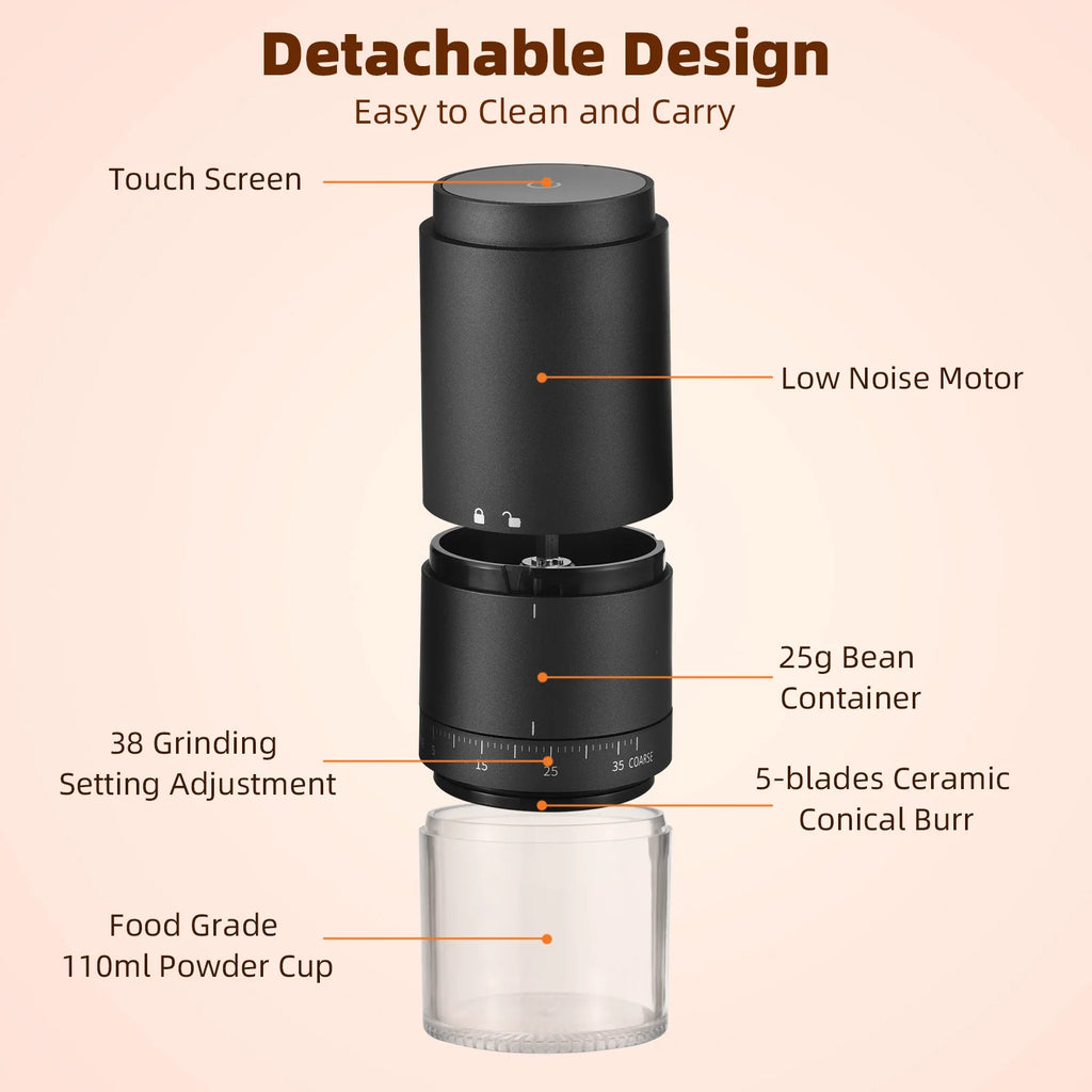 Portable Coffee Bean Grinder with 38 Grinding Setting Digital Power Display 5 Blades Ceramic Conical Burr One Button Start