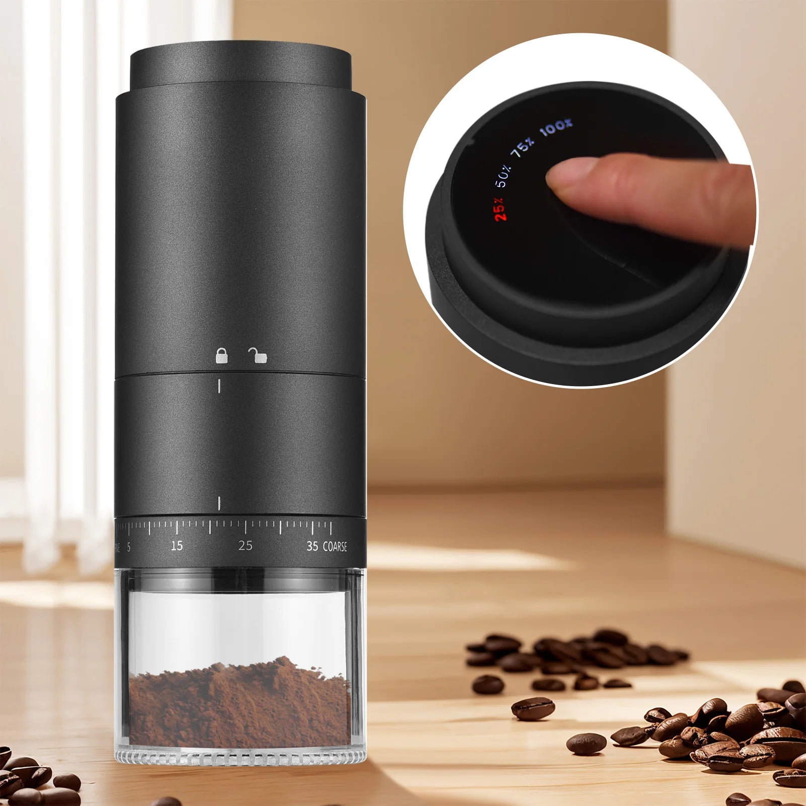 Portable Coffee Bean Grinder with 38 Grinding Setting Digital Power Display 5 Blades Ceramic Conical Burr One Button Start