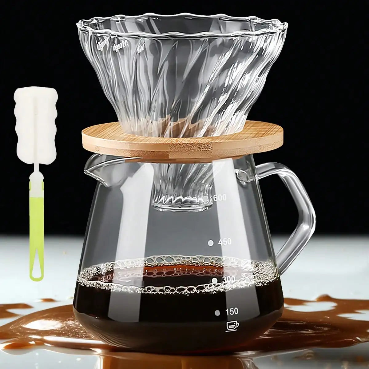 Pour Over Coffee Maker Set, Borosilicate Glass Coffee Server with Cleaning Brush, Pour Over Coffee Dripper Carafe for Home Cafe