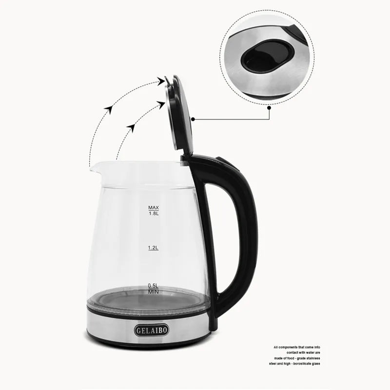 Electric Kettle Stainless 1.8L Steel Double Layer Glass Health Preserving Pot Electric Water Heater with Blue Led Light Kitchen