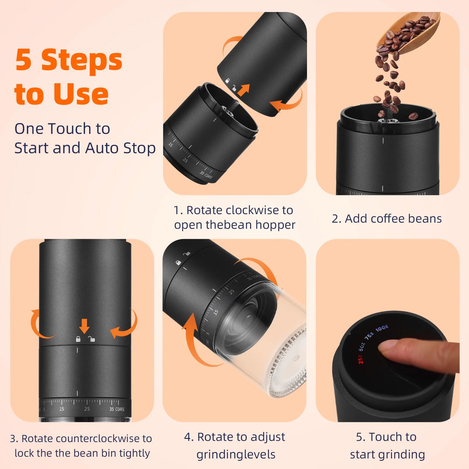 Portable Coffee Bean Grinder with 38 Grinding Setting Digital Power Display 5 Blades Ceramic Conical Burr One Button Start