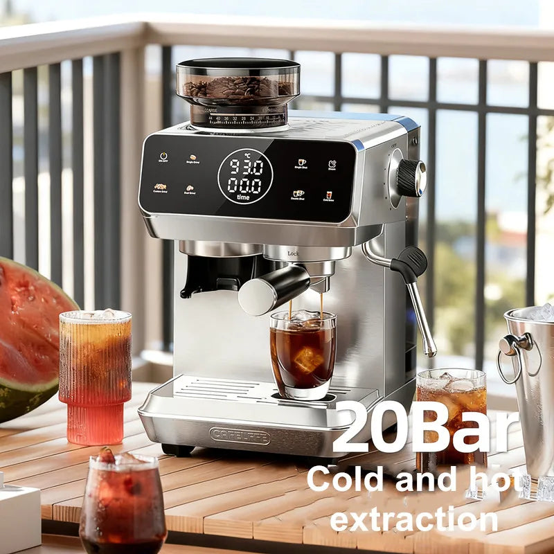 Home Espresso Machine with Grinder, 20Bar Pressure, Dual Temperature Control for Hot/Cold Brew, Compact Semi-Automatic Coffee Ma